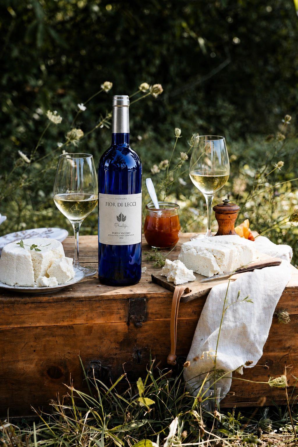 Une bouteille bleue du domaine et deux verres de vin blanc sur une table de fromages frais