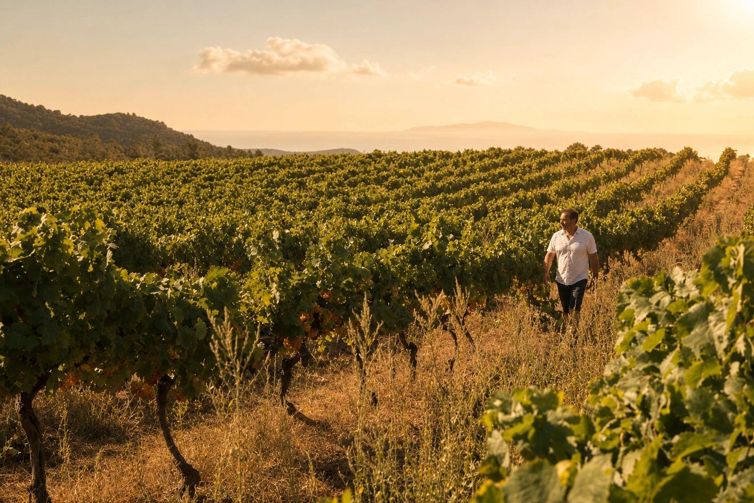 Rangs de vigne dans la lumière du soir, un homme marche entre les ceps