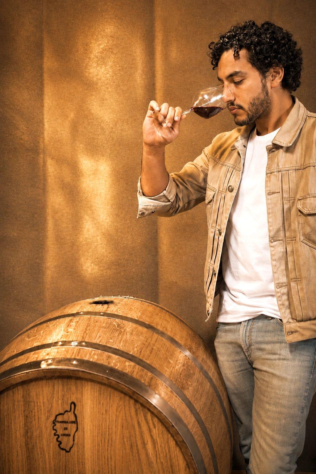 Un vigneron respire son verre de vin rouge, appuyé à un fût de chêne
