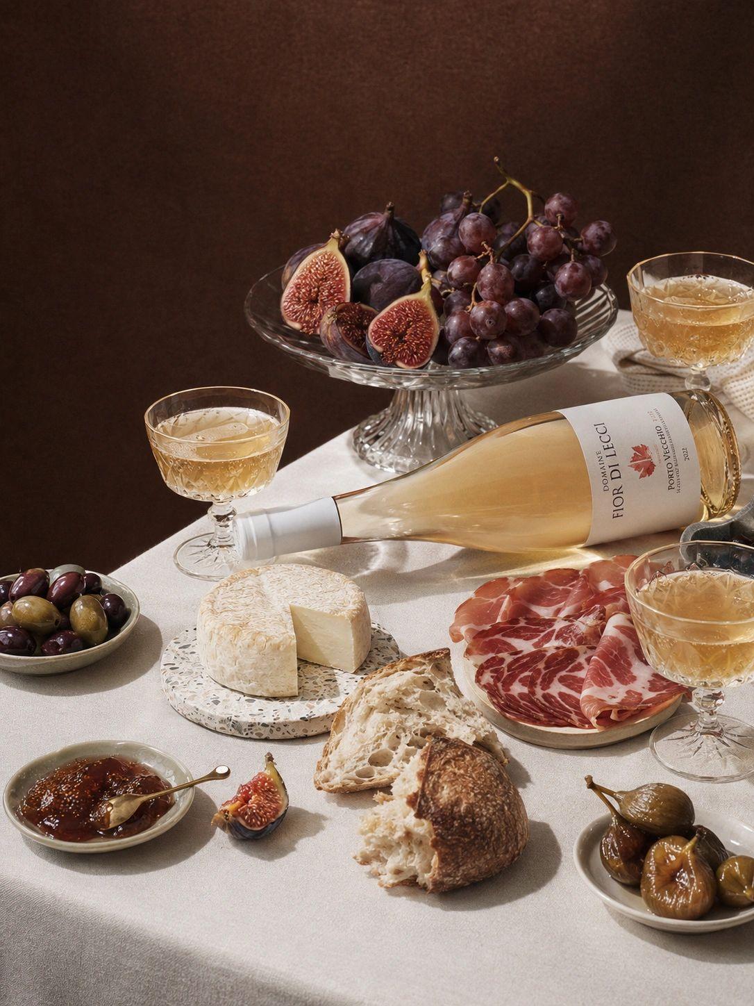 Une table dressée avec des coupes de vin, du fromage et du jambon sec