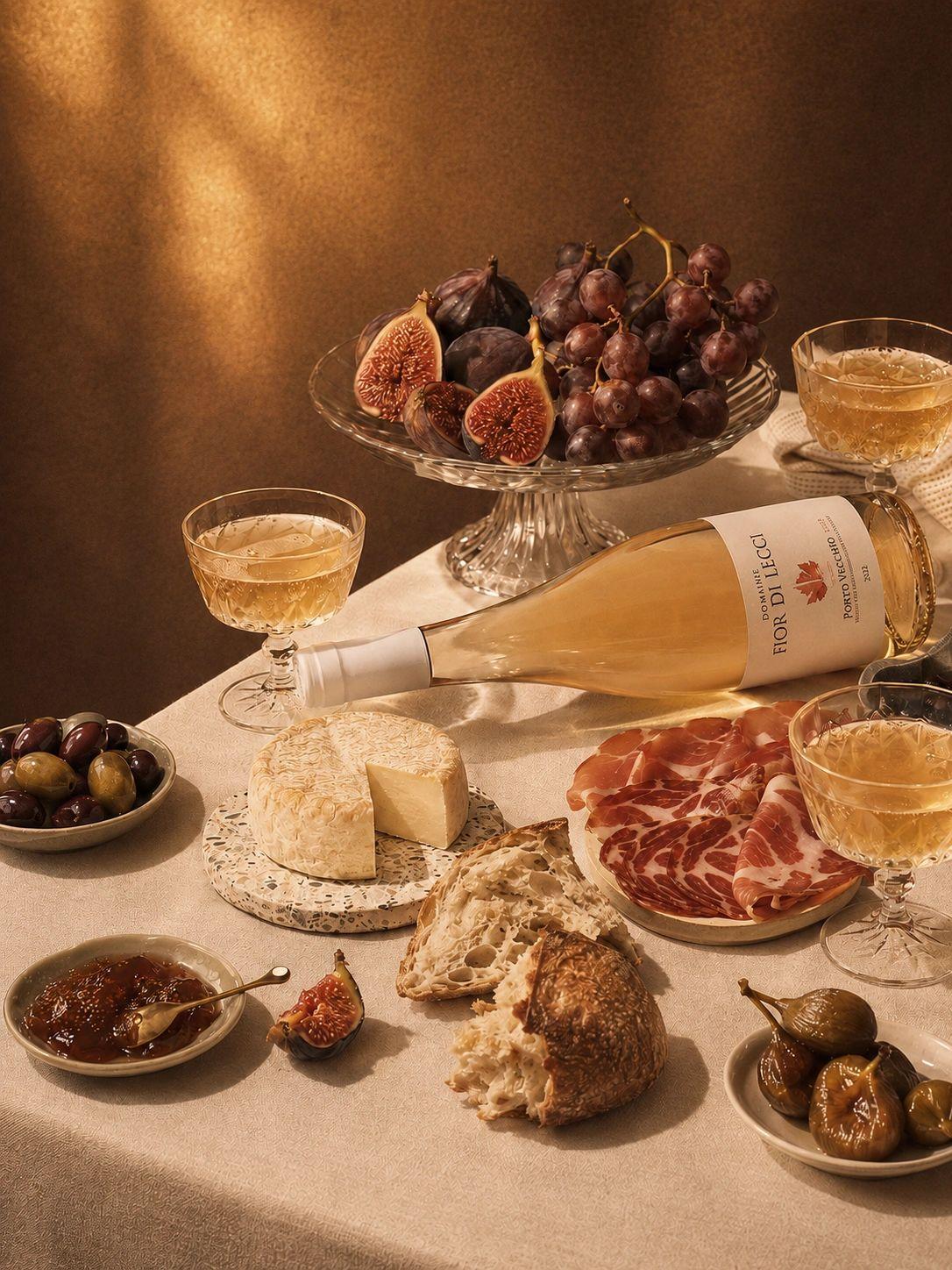 Une table dressée avec une bouteille, des coupes, du jambon sec, du fromage et des olives