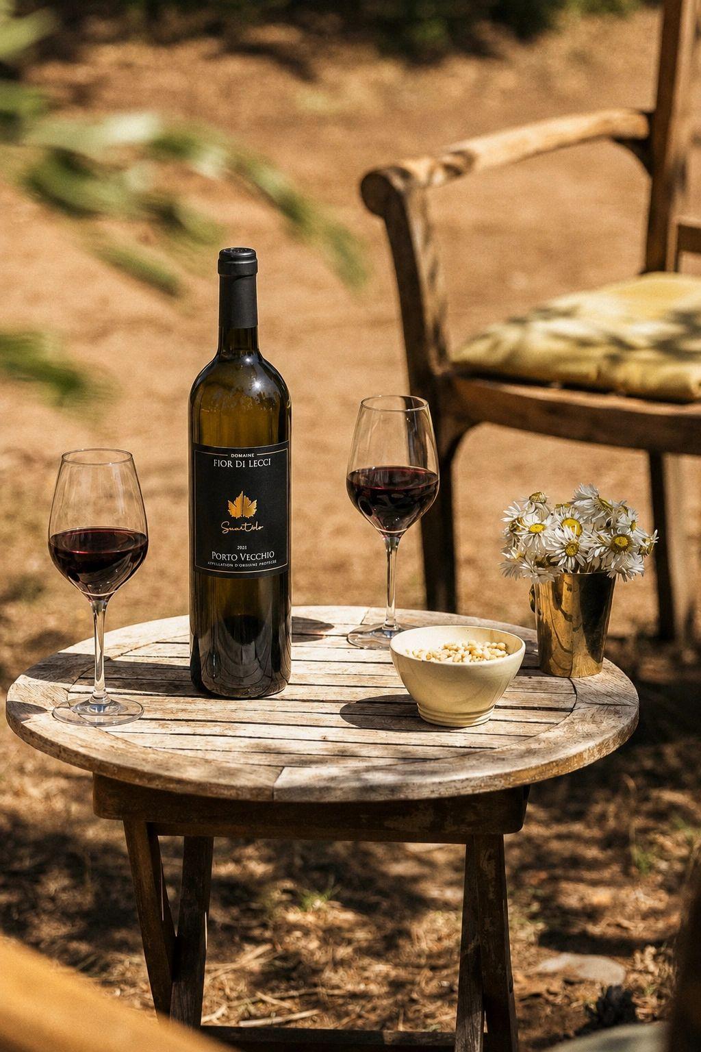 Une bouteille et deux verres de vin rouge sur une table en bois, au soleil