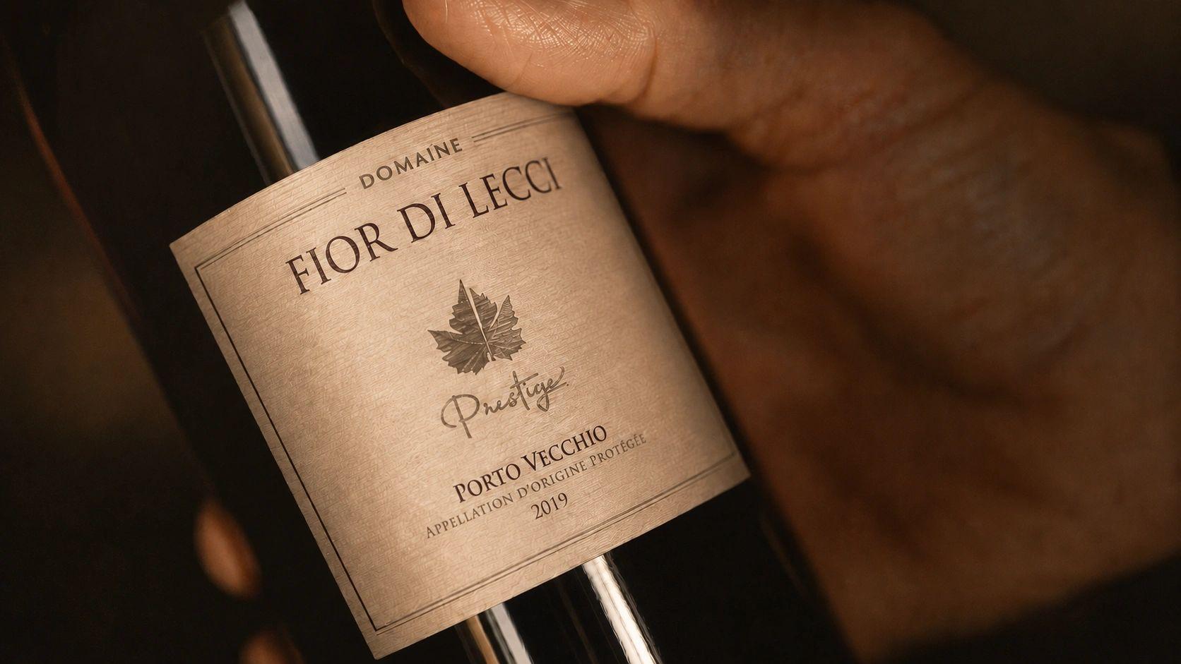 L'étiquette d'une bouteille Prestige tenue dans la main d'un vigneron