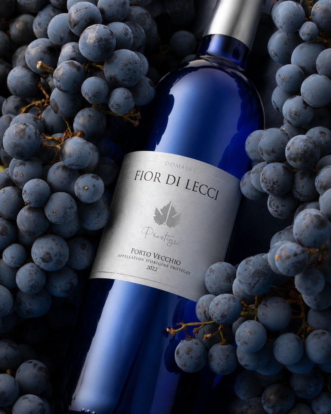 Une bouteille bleue du domaine posée au milieu de grappes de raisin noir
