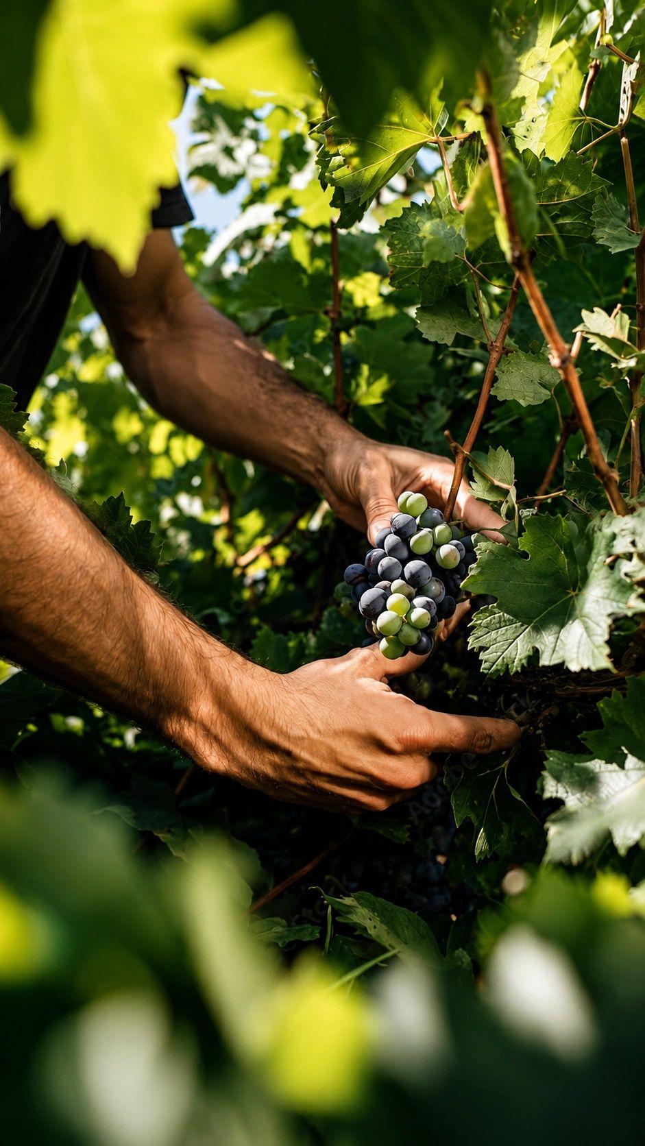 Les mains d'un vigneron cueillant une grappe de raisin noir dans la vigne