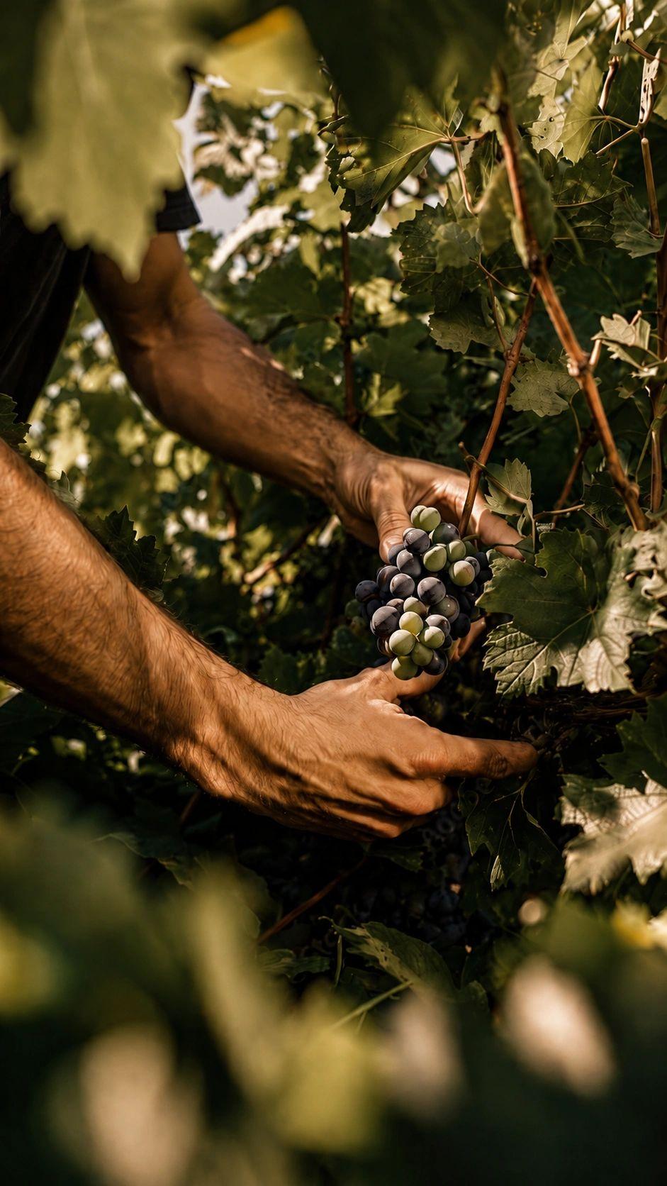 Les mains d'un vigneron autour d'une grappe de raisin dans la vigne