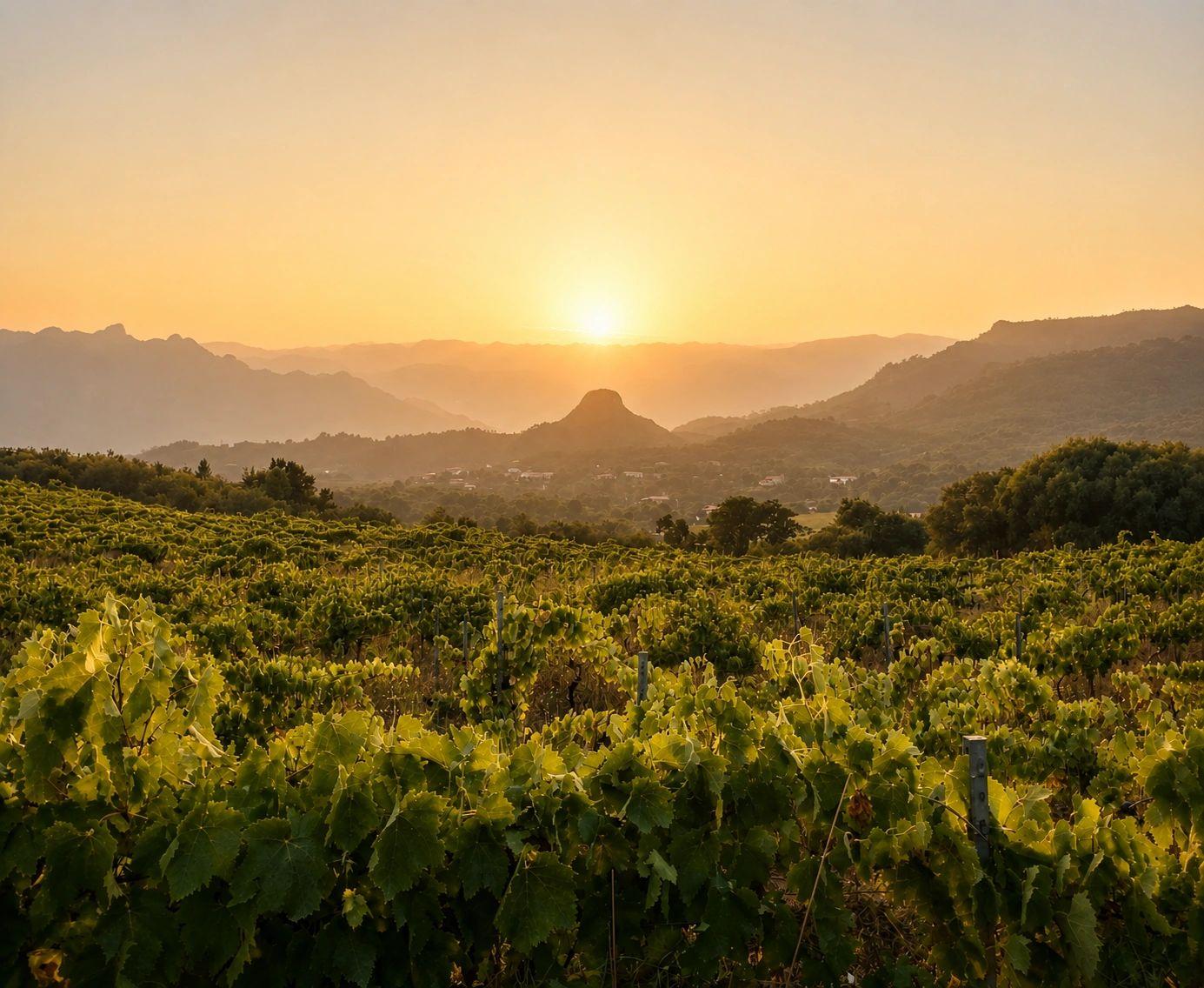 Coteaux de vignes à Lecci au coucher du soleil