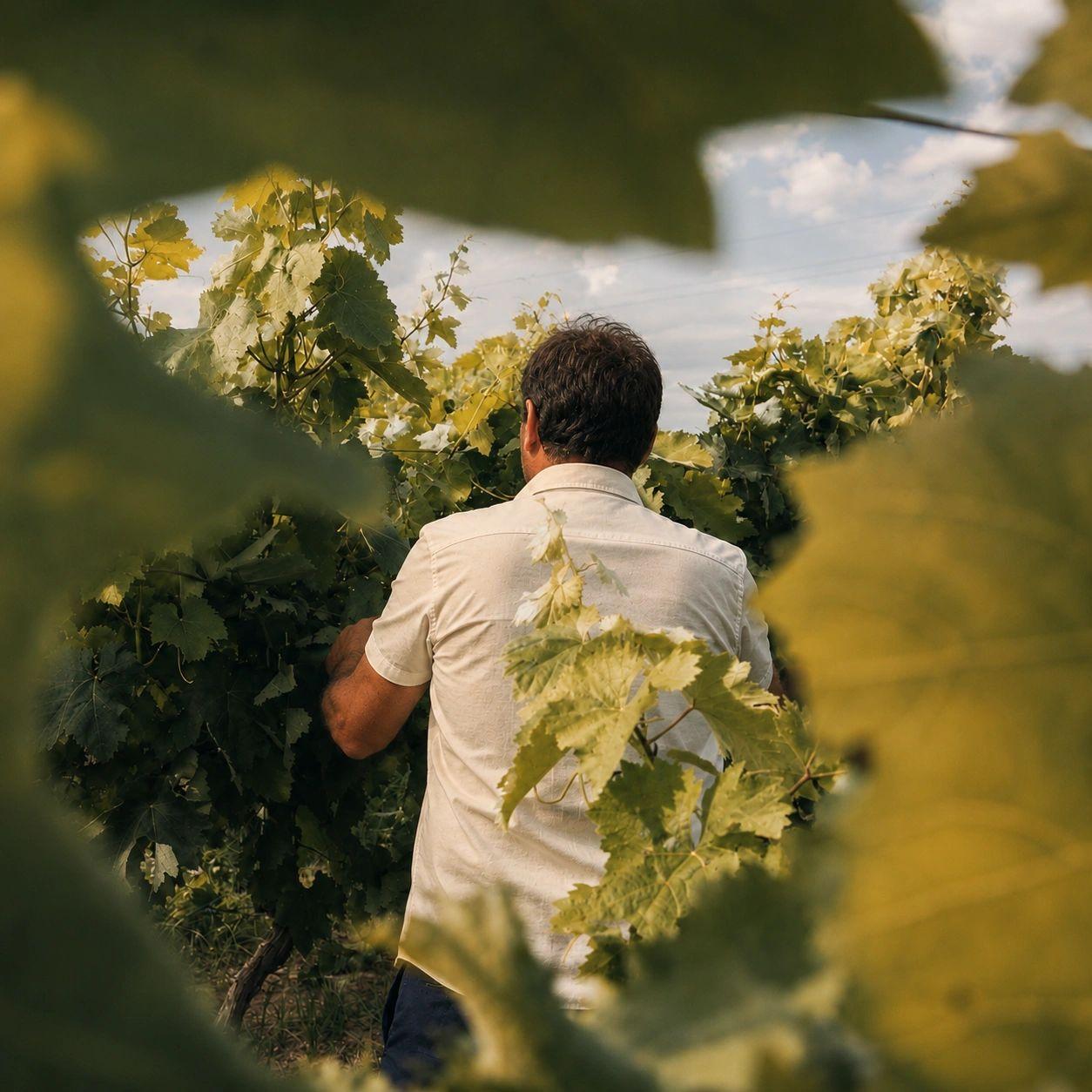 Le vigneron de dos au milieu des vignes